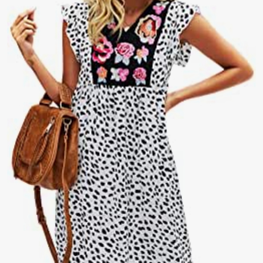 Leopard dress with embroidered flowers, Size Small
